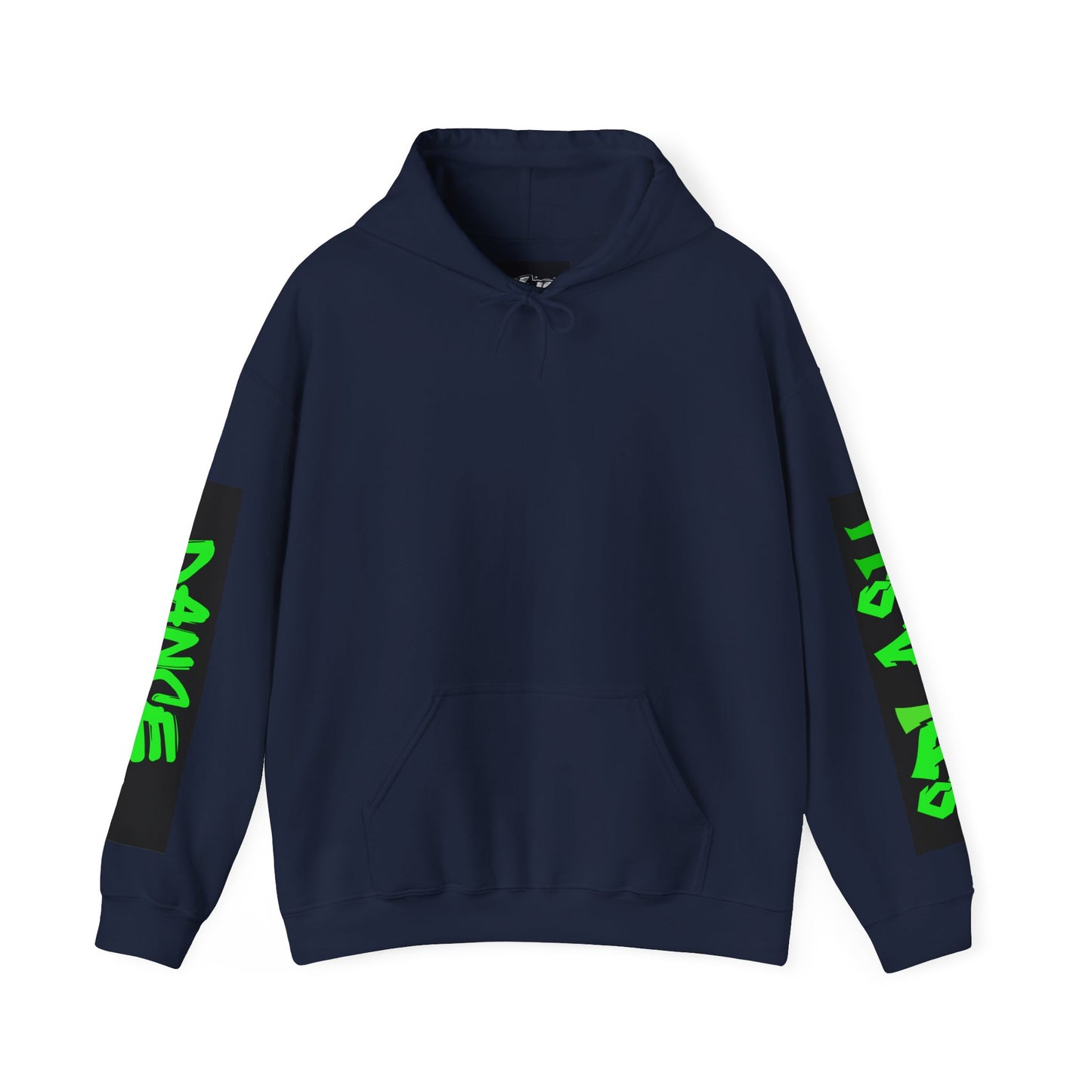Graphic Sleeve Hoodie — Neon Green Streetwear Text on White Hooded Sweatshirt
