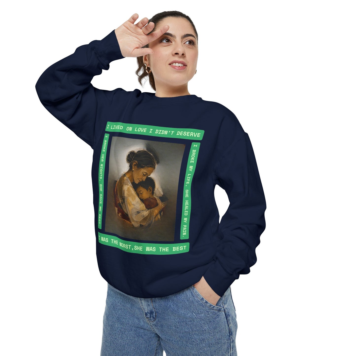 Mother & Child Sweatshirt — Vintage Art Crewneck with "I Lived, I Loved" Quote