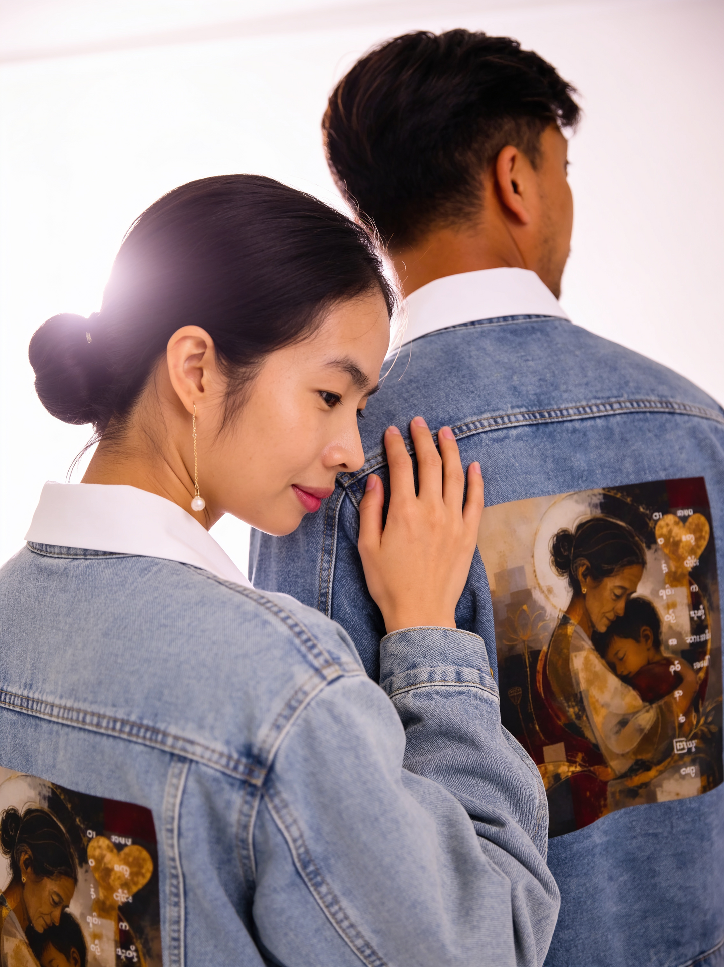 Denim Jacket — Vintage Mother and Child Art Patch Back Print